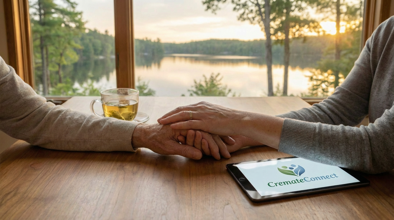 Two people holding hands in a moment of comfort, with a peaceful lake view in the background